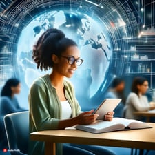 Firefly a black student studying with a personalized guide on a tablet and books in the classroom; k